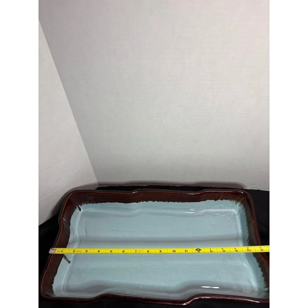 Rectangular Serving Platter Brown Rim Light Blue Center‎ Decorative Display Tray